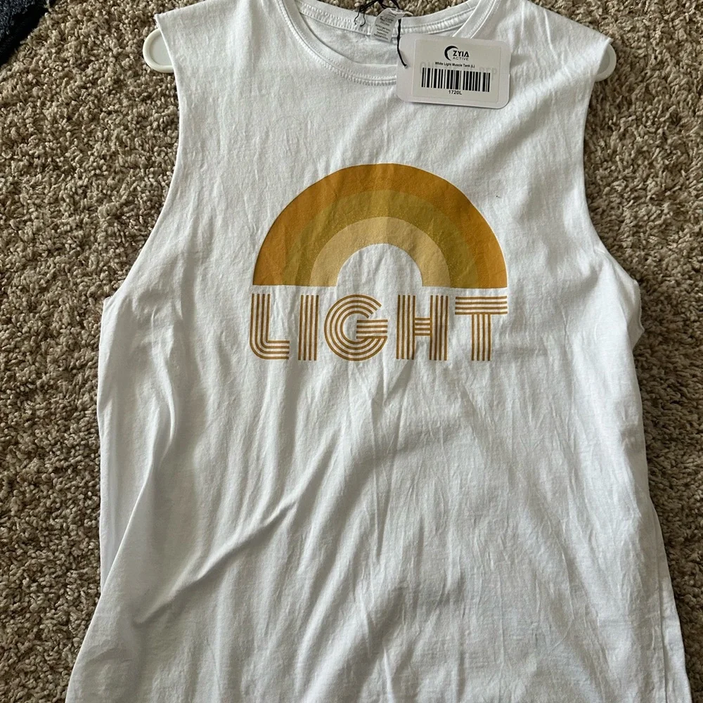 ZYIA “light” White Tank Top with Gold Graphic - Picture 1 of 2
